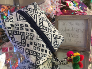 White/Navy  Makeup Bag With Multi Tassels